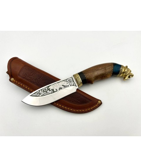 Нож ручной работы для охоты и рыбалки туристический «Тигр #9» с кожаными ножнами нескладной 95х18/58 HRC