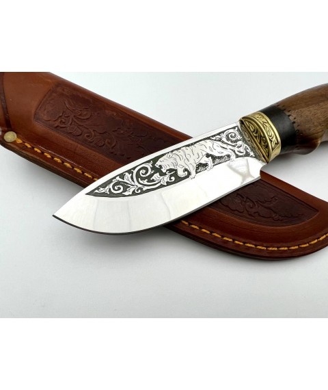 Нож ручной работы для охоты и рыбалки туристический «Тигр #9» с кожаными ножнами нескладной 95х18/58 HRC