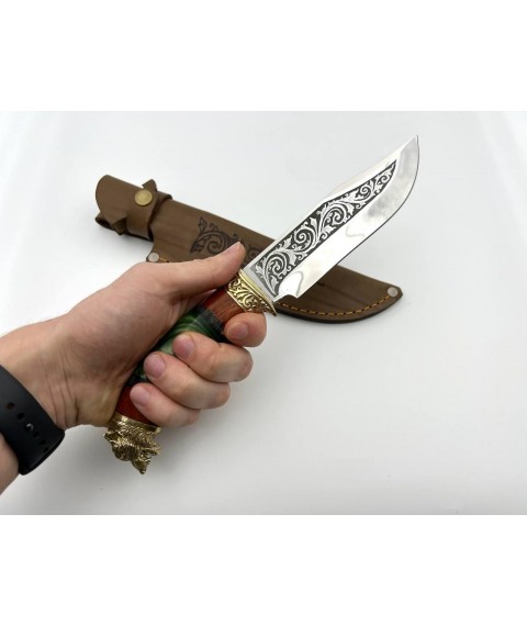Нож ручной работы для охоты и рыбалки туристический «Волк #9» с кожаными ножнами нескладной 95х18/58 HRC