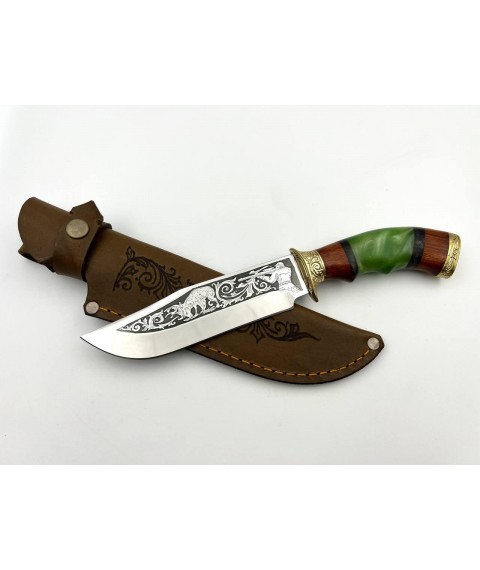Handmade tourist knife for hunting and fishing “Hunter #6” with leather sheath, awkward 95x18/58 HRC