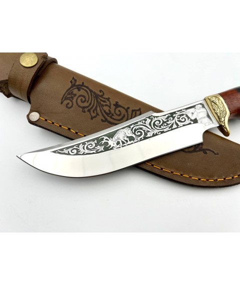 Handmade tourist knife for hunting and fishing “Hunter #7” with leather sheath, awkward 95x18/58 HRC