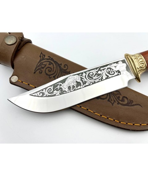 Нож ручной работы для охоты и рыбалки туристический «Охотник #8» с кожаными ножнами нескладной 95х18/58 HRC