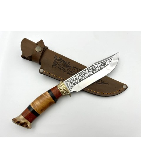 Нож ручной работы для охоты и рыбалки туристический «Охотник #8» с кожаными ножнами нескладной 95х18/58 HRC