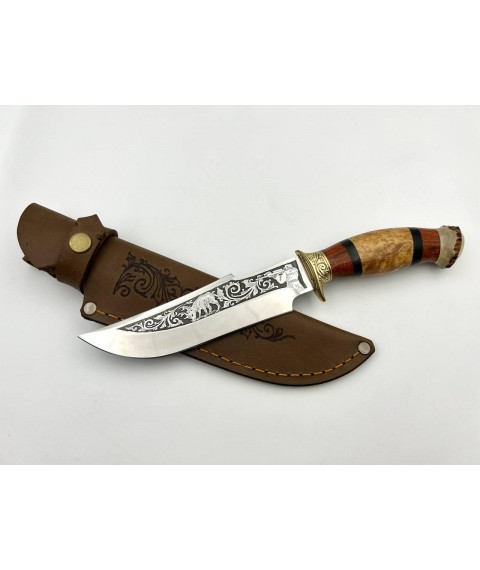 Handmade tourist knife for hunting and fishing “Hunter #9” with leather sheath, awkward 95x18/58 HRC