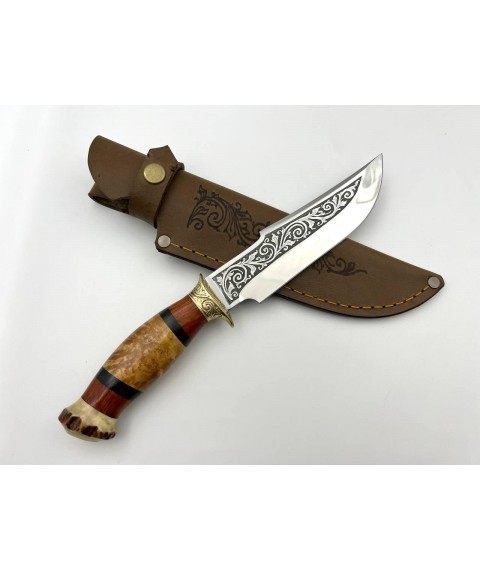 Нож ручной работы для охоты и рыбалки туристический «Охотник #9» с кожаными ножнами нескладной 95х18/58 HRC