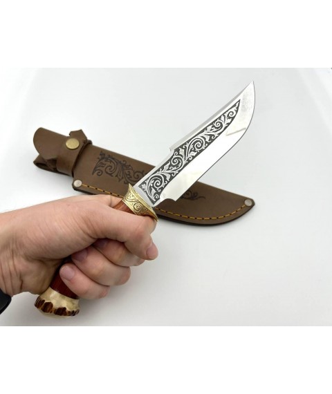 Handmade tourist knife for hunting and fishing “Hunter #9” with leather sheath, awkward 95x18/58 HRC