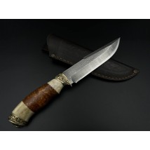 Нож ручной работы из дамасской стали «Добытчик #1» с кожанными ножнами, 60 HRC