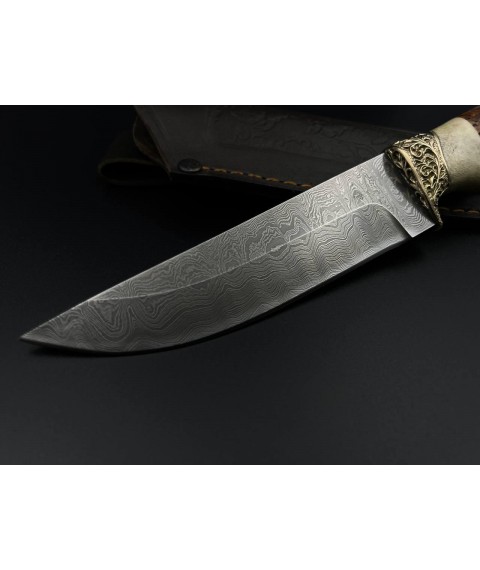 Нож ручной работы из дамасской стали «Добытчик #2» с кожанными ножнами, 60 HRC