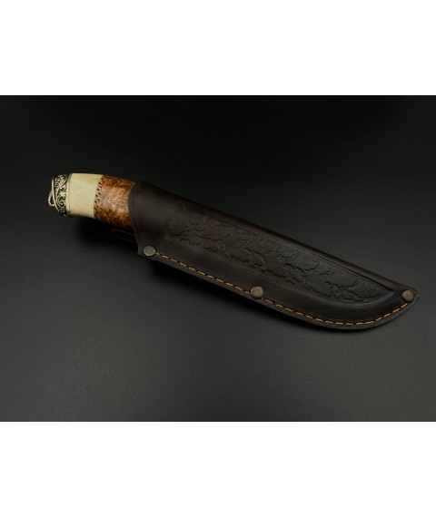 Нож ручной работы из дамасской стали «Добытчик #2» с кожанными ножнами, 60 HRC