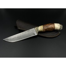 Нож ручной работы из дамасской стали «Добытчик #3» с кожанными ножнами, 60 HRC