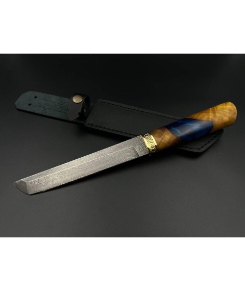 Нож ручной работы из дамасской стали «Танто #2» с кожанными ножнами, 60 HRC