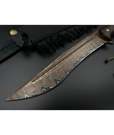 Handmade Damascus steel machete with leather sheath, 61 HRC