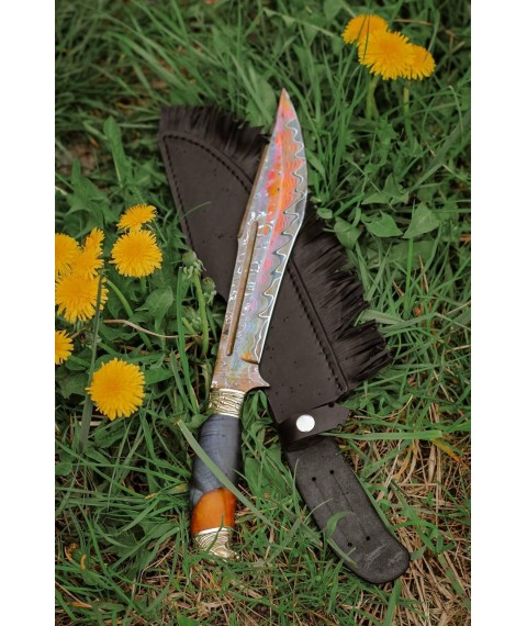 Handmade Damascus steel machete “Predator #1” with leather scabbard, 61 HRC