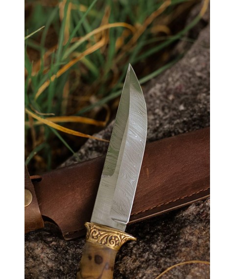 Handmade twisted damascus knife “Lion #12” with leather sheath 60 HRC