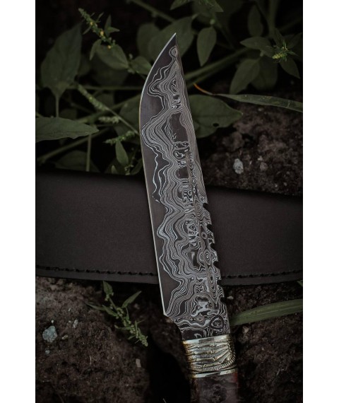 Exclusive handmade Damascus steel knife “Alien #4” with leather sheath/60 HRC