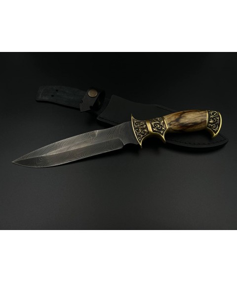 Эксклюзивный нож ручной работы из витого дамаска «Мини-генерал #3» с кожаными ножнами/60 HRC