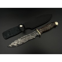 Нож ручной работы из ламинированного дамасска «Каратель #6» с кожаными ножнами 60-61HRC