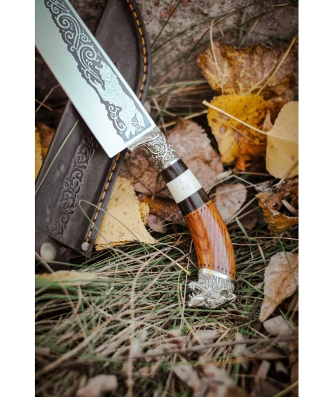 Нож ручной работы узбекского типа «Пчак #5» (Волк) с кожаными ножнами 95х18/57-58 HRC