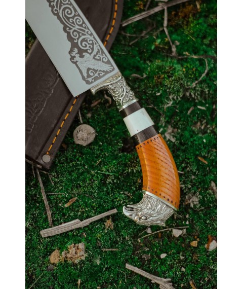 Нож ручной работы узбекского типа «Пчак #5» (Сокол) с кожаными ножнами 95х18/57-58 HRC