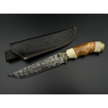 Нож ручной работы из дамасской стали «Добытчик #4» с кожанными ножнами, 60 HRC.