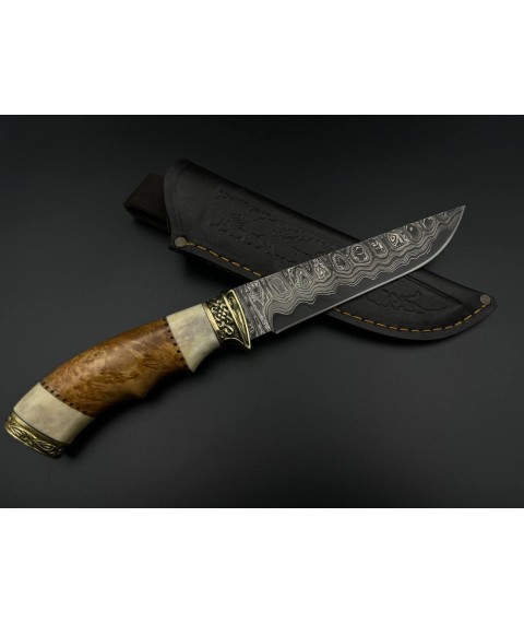 Handmade Damascus steel knife “Getter #4” with leather sheath, 60 HRC.
