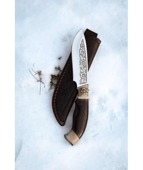 Нож ручной работы «Тризуб #3» c Тризубом с кожаными ножнами нескладной 95Х18/58 HRC