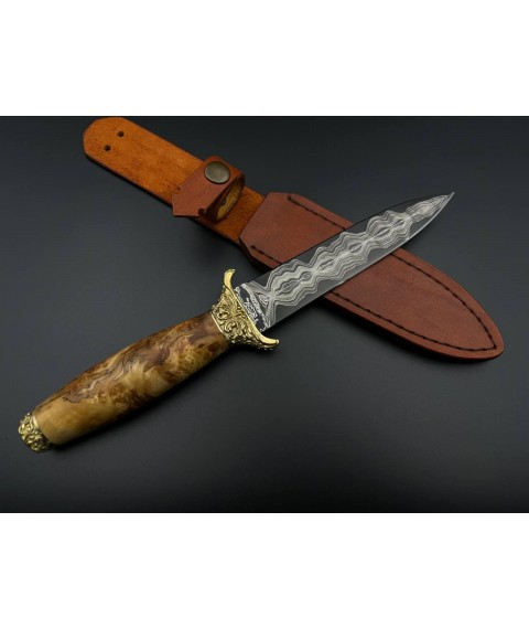 Handmade dagger “Strange #2” in laminated damascus with leather scabbard, 61 HRC