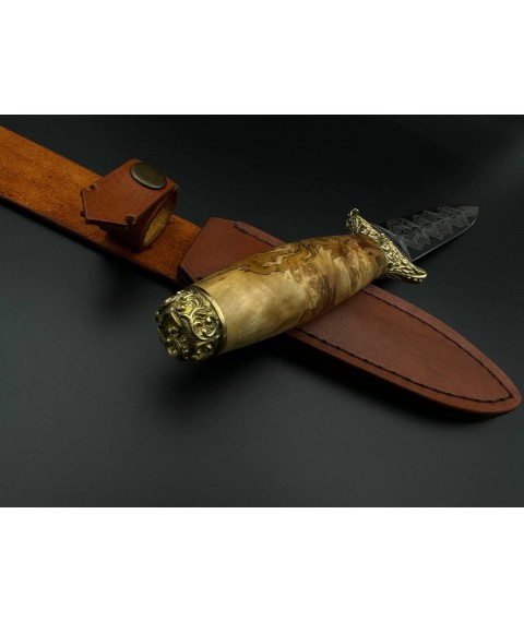 Handmade dagger “Strange #2” in laminated damascus with leather scabbard, 61 HRC