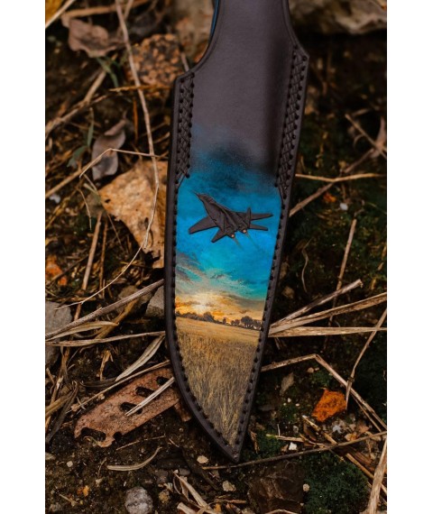 Эксклюзивный нож ручной работы «Самолёт #1» с художественными кожаными ножнами N690/61 HRC.