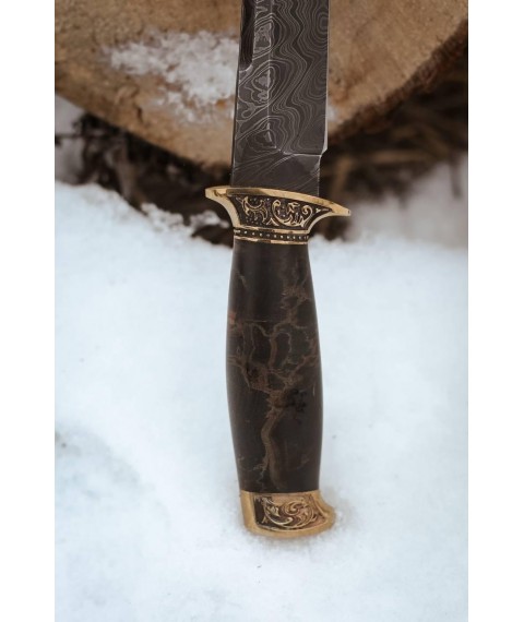 Нож ручной работы из дамасской стали «Вулкан #1» с кожаными ножнами/60-61 HRC.