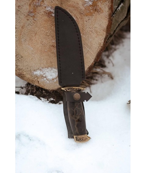 Нож ручной работы из дамасской стали «Вулкан #1» с кожаными ножнами/60-61 HRC.