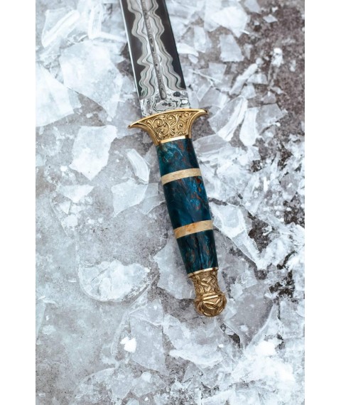 Handmade dirk “Quartz #1” made of damascus with leather scabbard, 61 HRC.