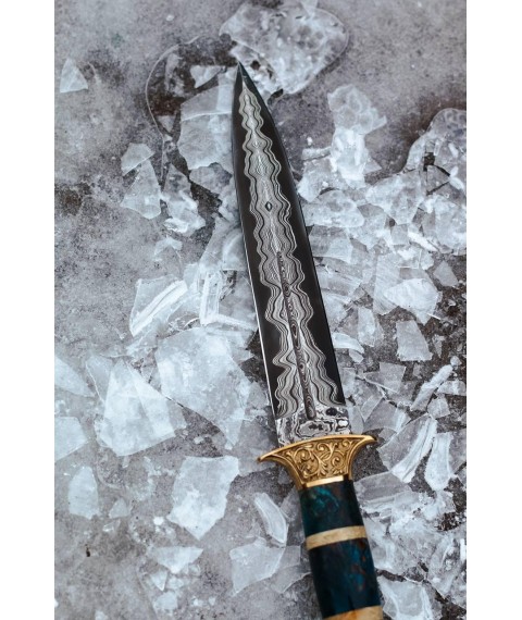 Handmade dirk “Quartz #1” made of damascus with leather scabbard, 61 HRC.