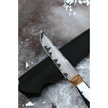 Нож ручной работы из ламинированного дамасска «Круэлла #1» с кожаными ножнами, 61HRC.