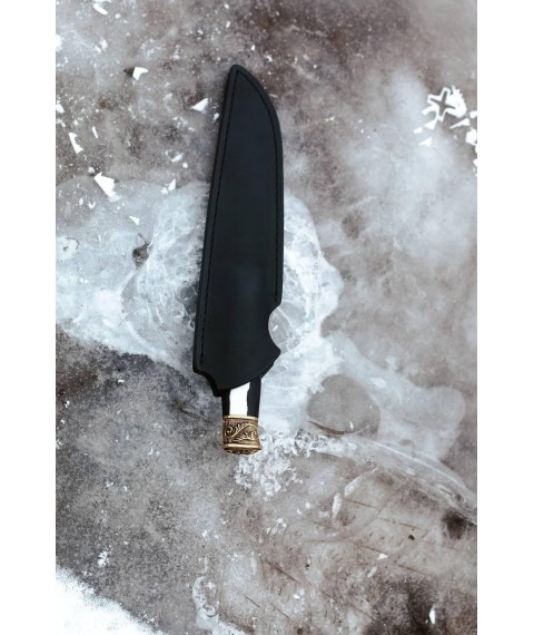 Handmade laminated damascus knife “Cruella #1” with leather sheath, 61HRC.