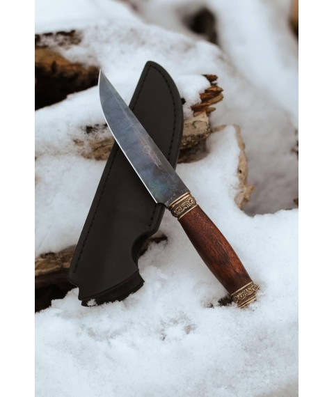 Нож ручной работы из дамасской стали «Лось #4» с кожаными ножнами/60-61 HRC.
