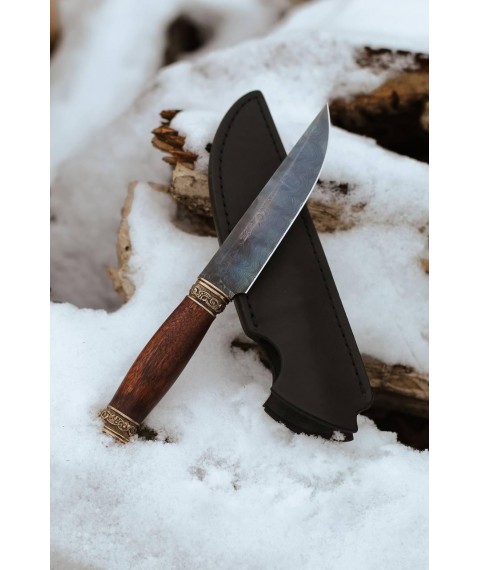 Нож ручной работы из дамасской стали «Лось #4» с кожаными ножнами/60-61 HRC.