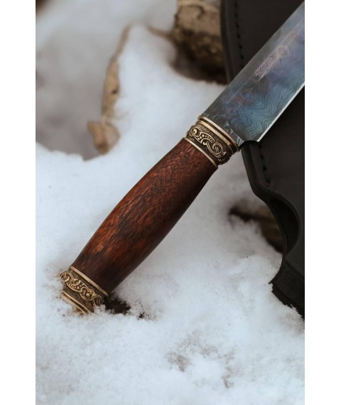 Handmade Damascus steel knife “Elk #4” with leather sheath/60-61 HRC.