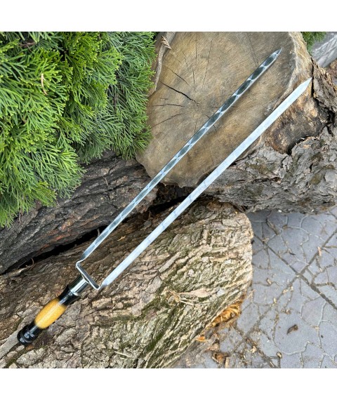Шампур подвійний із дерев'яною ручкою 630х12х3мм двоколірний