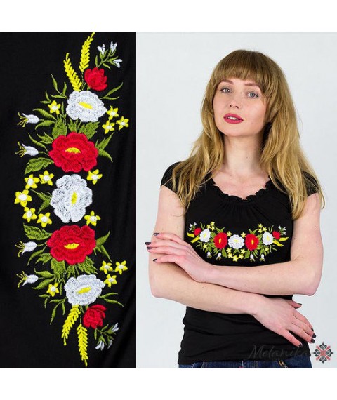 Festive embroidered women's T-shirt in black color "ruffles with bells" S