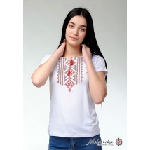Женская футболка с вышивкой на короткий рукав в белом цвете «Гуцулка (красная вышивка)»