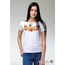 Белая женская футболка с вышивкой цветами на короткий рукав под брюки «Нежность роз»