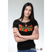 Women's embroidered T-shirt in black with a wide neck “Tenderness of Roses”