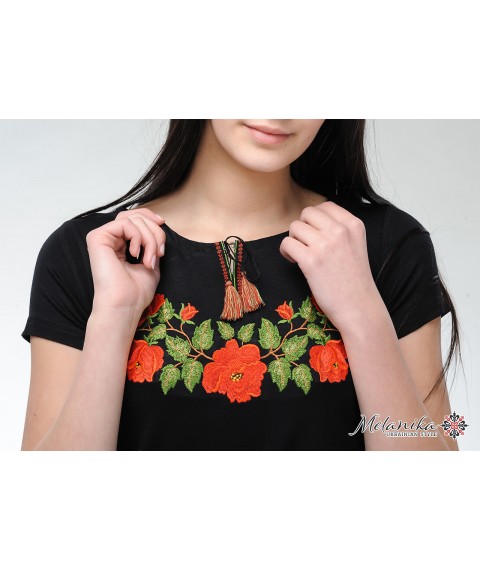 Women's embroidered T-shirt in black with a wide neck “Tenderness of Roses”