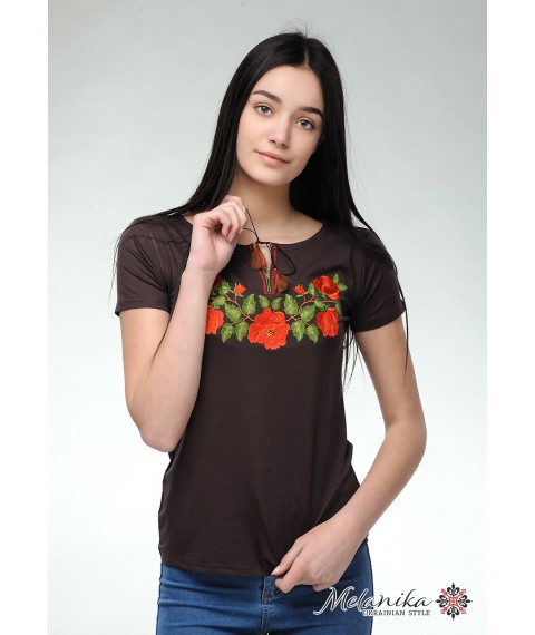 Brown women's embroidered T-shirt for every day under the jeans "Tenderness of roses"