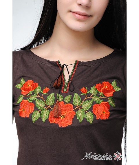 Brown women's embroidered T-shirt for every day under the jeans "Tenderness of roses"