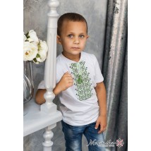 Fashionable embroidery for a boy in white with a green ornament "Dem'yanchik"
