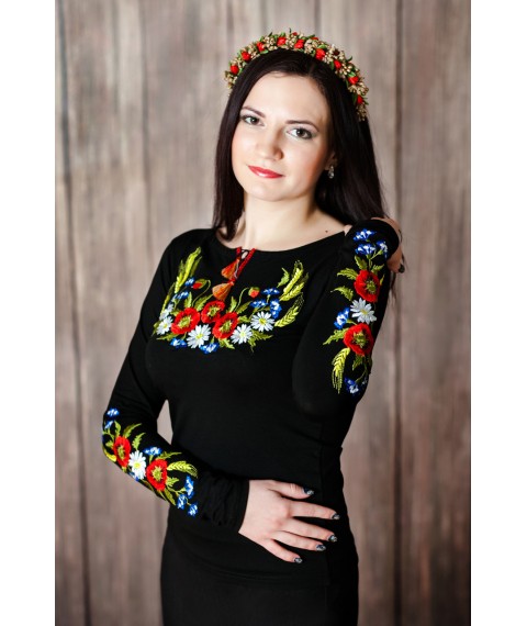 Black fitted embroidered shirt for women with long sleeves "Wreath with spikelets" 3XL