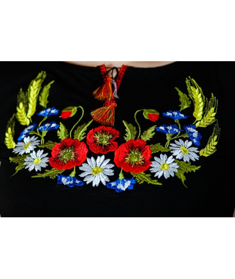 Black fitted embroidered shirt for women with long sleeves "Wreath with spikelets" 3XL