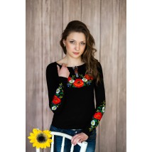 Stylisches schwarzes Damen-Langarm-T-Shirt mit reichhaltiger Blumenstickerei "Ukrainian Paint" 3XL